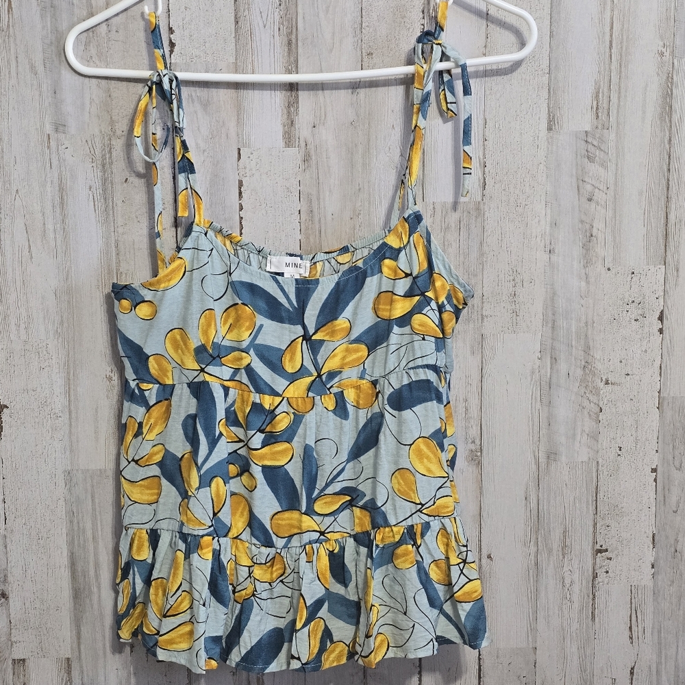 MINE Blue Yellow Leaf Print Flowy Tiered Babydoll Tank Top Size Medium